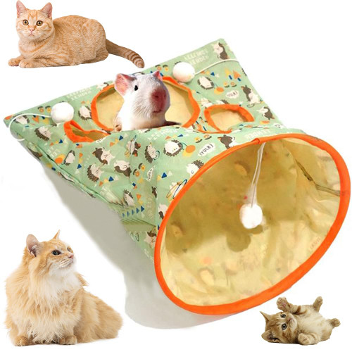 Cat Tunnel Bags for Indoor Cats, 2024 New Pet Cat Play Tunnel Toy, Collapsible Interactive Cat Drill Bag Pet Toy with Plush Ball Cat Self Interactive Toys (Hedgehog-Green)