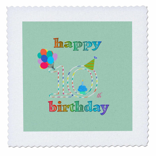 3dRose Happy 10th Birthday, Cupcake with Candle, Balloons, Hat,... - Quilt Squares (qs_352165_7)