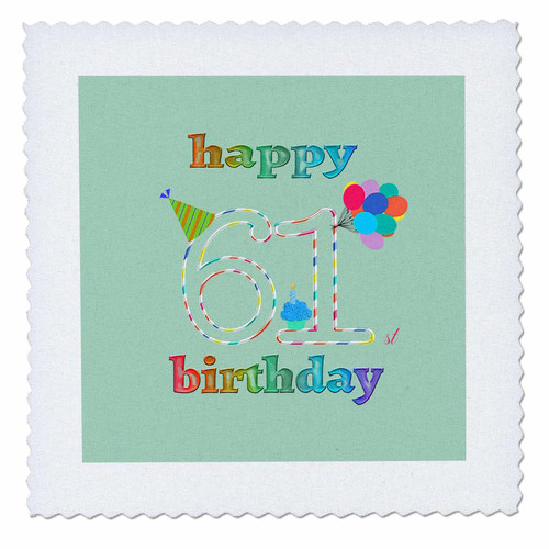 3dRose Happy 61st Birthday, Cupcake with Candle, Balloons, Hat,... - Quilt Squares (qs_351663_7)