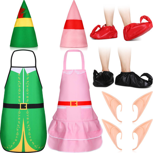Suhine 8 Pcs Christmas Elf Costume Kits Elf Costumes Set Include Elf Apron Elf Shoes with Elf Hat Pixie Elf Ears for Christmas Party Adults Cosplay Accessories Xmas Party Gifts