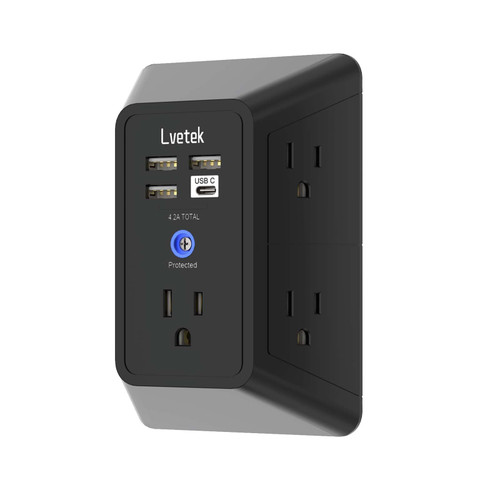Outlet Extender, Surge Protector Outlet with 5-Multi Plug Outlet and 4 USB Ports(1 USB C), 3-Sided 1680J Power Strip Wall Charger, Multiple-Plug Outlet Splitter for Home Travel Office,ETL Listed,Black