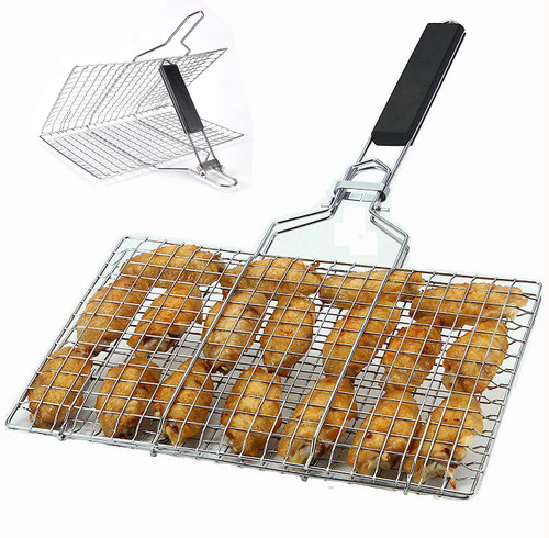 Grill Basket Fish Grill Basket, Barbecue BBQ Grilling Basket, Stainless Steel Large Folding Grilling Rack for Meat,Steak, Shrimp, Chops, Vegetables, Heavy Duty Grill Basket Outdoor Grill Accessories