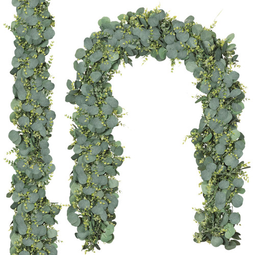 CQURE 2 Pack Eucalyptus Garland Artificial Greenery Garland Fake Silver Dollar Eucalyptus Leaves Spring Garland Wreath Vines for Wedding Table Party Mantle Bedroom Wall Room Decor