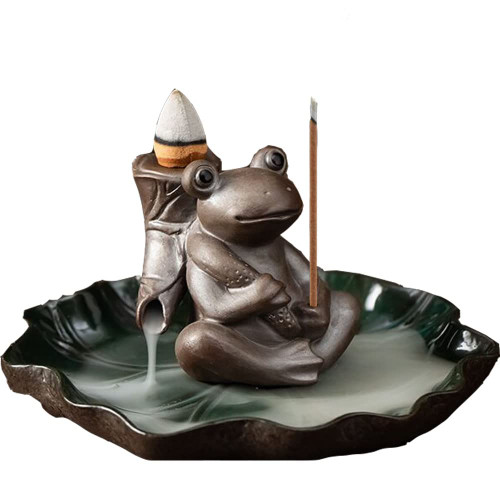 SKMIHJL Frog Backflow Incense Burner Lotus Leaf Tray Incense Burner Incense Holder Censer for Cone/Stick Incense with Ash Catcher for Home Office (Brown Frog)