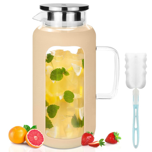 AiHeart Glass Pitcher with Lid,64 oz Glass Water Pitcher with Spout and Silicone Sleeves,Pitcher for Fridge,Iced Tea Pitcher,Hot/Cold Glass Water Jug,Milk,Coffee,Juice Beverage(Amber)