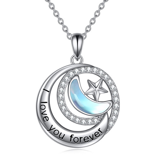 PORTCAS Gorgeous Moon and Star Pendant Necklace 925 Sterling Silver Moon Moonstone Necklace Jewelry Gift for Girls Women