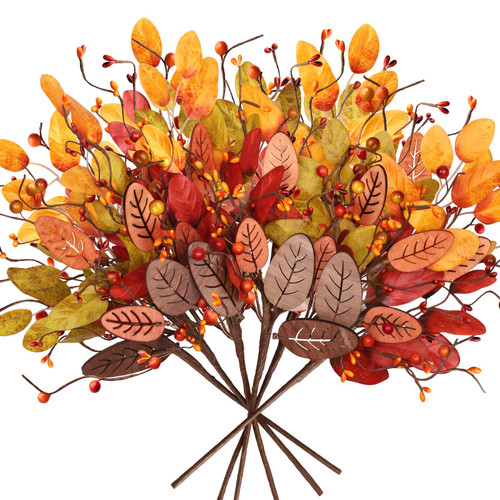6 Pcs Fall Decor Artificial Flowers Berry Stems, Fall Artificial Eucalyptus Leaves Branches, Artificial Wood and Silk Greenery Stems for Fall Floral Arrangement Thanksgiving Table Centre Decor