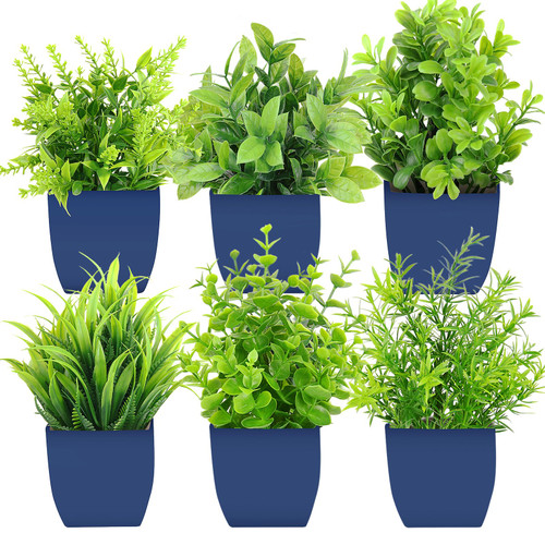 AOKE Fake Plants Mini Potted Artificial Plants, 6 Pack Artificial Eucalyptus Plants Small Houseplants Greenery in Blue Pot, Small Faux Plants Decor for Home Bathroom Office Farmhouse Desk Shelf