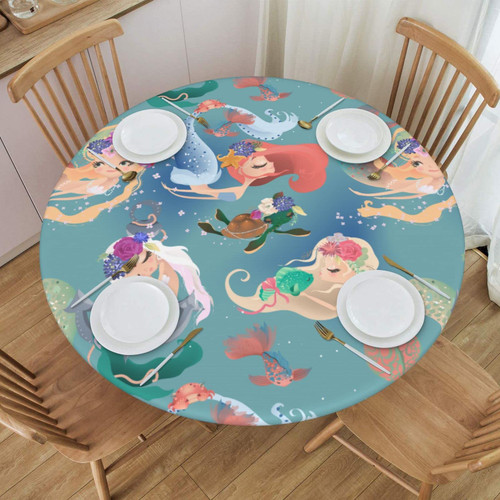 FATTTYCY Round Table Cloth Cute Mermaid and Turtle Fish Tablecloth Elastic Edge Fitted Table Cover Fits Tables Up to 45"-50" Diameter