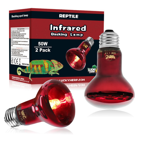 LUCKY HERP Infrared Heat Lamp 50W 2 Pack?Reptile & Amphibian Basking Spot Light Bulbs, Red Heat Lamp Bulbs for Reptiles, Bearded Dragon, Turtle, Lizard, Snake, Chicken