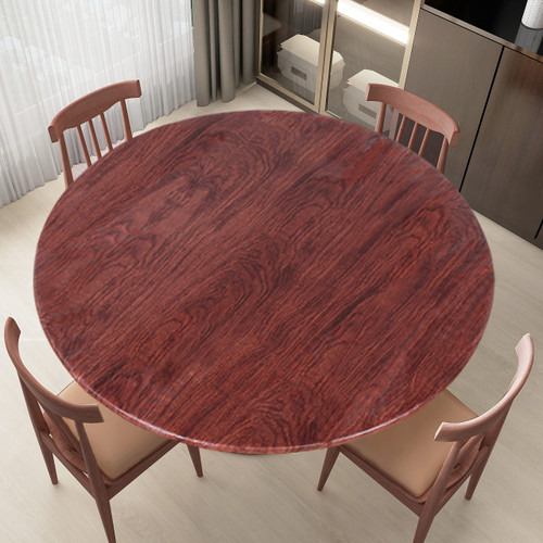 LUSHVIDA Round Waterproof Table Cover Elastic Tablecloth Vinyl Fitted Table Cover Elastic Edged Plastic Table Cover Fits Tables up to 45"-56" R Mahogany