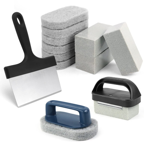 Grill Cleaning Kit for Blackstone, 13 Pieces Heavy-Duty Grill Cleaner Kit with 3 Grill Stones, Griddle Scraper, Griddle Brush with Handle Prevent Hot Easy to Use on Hot Cold Flat Top