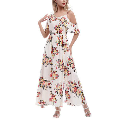 Floral Dresses for Women Short Sleeve Boho Casual Summer Beach Dress Off Shoulder Fit and Flare Vacation Hawaii Beach Wedding Party Dresses Bohemian A-Line Swing Midi Sundress Apricot L