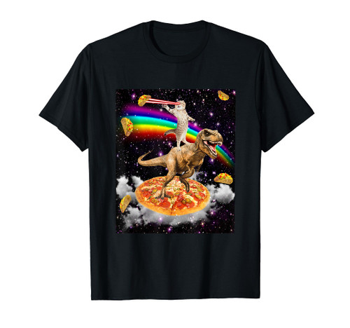Galaxy Laser Cat on Dinosaur on Pizza with Tacos & Rainbow T-Shirt