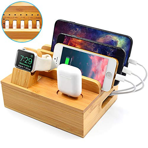 SETROVIC Bamboo Charging Dock, Wood 6 Port Charger Stand Fast USB Charging Station for Multiple Devices, Compatible Apple Watch Airpods Smartphone