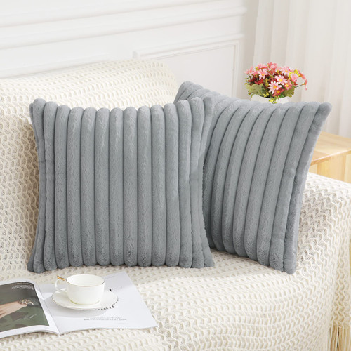 Pallene Faux Fur Plush Throw Pillow Covers 18x18 Set of 2 - Luxury Soft Fluffy Striped Decorative Pillow Covers for Sofa, Couch, Living Room - Grey