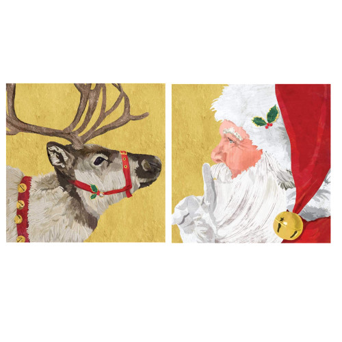 Yuletide Christmas Cocktail Beverage Napkins | Bundle Includes 40 Beverage Napkins in 2 Different Holiday Designs | Yuletide Santa and Reindeer in Gold
