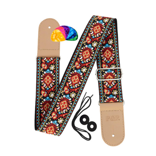 P&P Music Embroidered Guitar Strap, vintage-style adjustable strap for electric guitar, acoustic guitar, classical guitar, bass, ukulele, and more (Crimson & Gold Pattern)