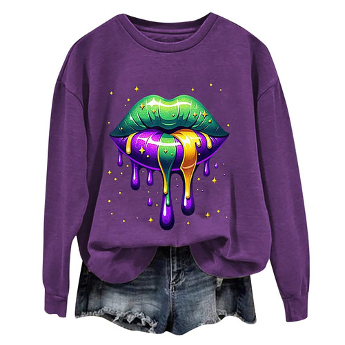 Ruffle Sweater For Women Mardi Gras Shirts For Girls Long Sleeve Gift for Girls Women Sweatshirts No Hood Mardi Gras Tops For Women Mardi Gras Buttons Mardi Gras Sweatshirt Under 10 Womens Clothes