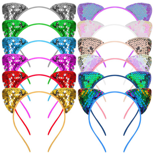 Beaupretty 12 Pieces Sequin Cat Ears Headbands Glitter Cat Ears Hairbands Halloween Cat Ears Hair Hoops Costume Party Headbands Hair Accessories for Girls and Women