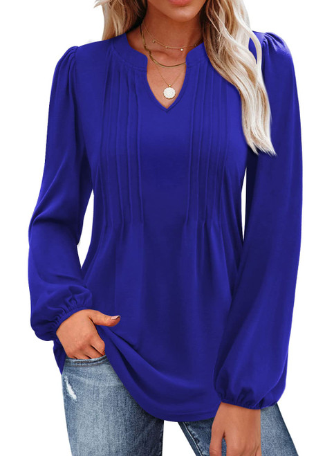 MIHOLL Blouses for Women 2024 Dressy Casual Spring Long Sleeve Tunic Tops V Neck Puff Sleeve Pleated Loose Shirts (Royal Blue, S)