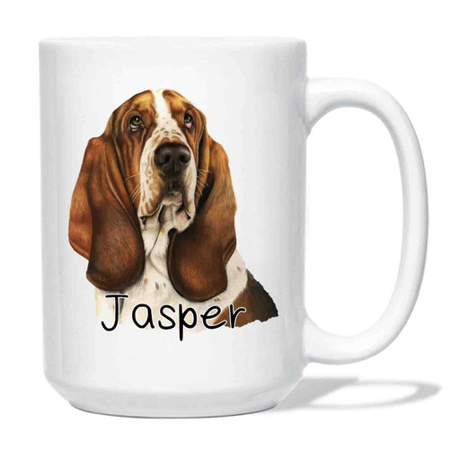 Personalized Basset Hound Coffee Mug Cup Gift, Basset Hound Dog Travel White Teacup 11 Oz 15 Oz, Basset Hound Cup For Birthday, Custom Name Basset Hound Ceramic Coffee Mug Gift For Dog Dad Dog Mom