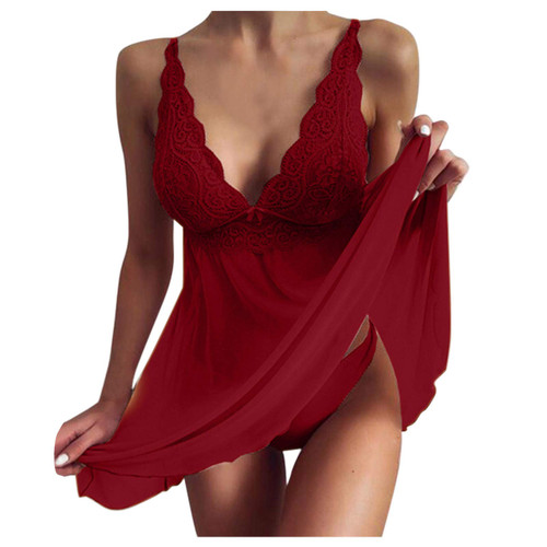Aniywn Women Nightwear Lace Babydoll Strap Chemise Halter Lingerie V Neck Sleepwear Chemise Short Mesh Pajamas Dress Red