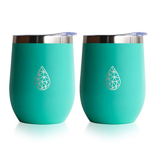 Insulated Wine Tumbler With Leak Proof Lid - Set of 2-12oz Each - Stemless Double Wall Vacuum Insulated Stainless Steel with Extra Inner Copper Coating - BPA Free - Outdoor Indoor - Hot Cold