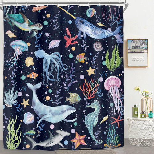 Riyidecor Kids Whale Sea Animal Shower Curtain for Bathroom Decor 60Wx72H Blue Ocean Cartoon Underwater Turtle Octopus Fish Funny Marine Art Printed Fabric Polyester Waterproof 12 Pack Plastic Hooks