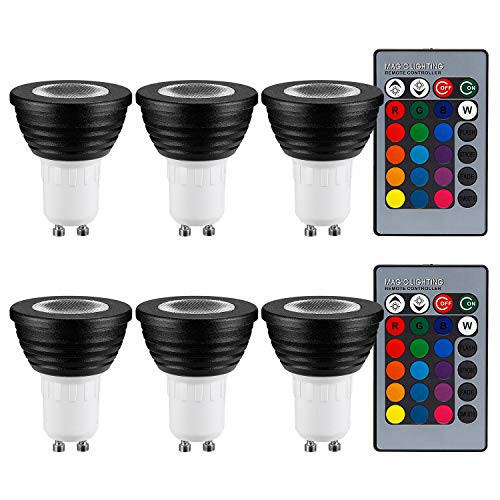 TORCHSTAR 3W Multi-Color GU10 LED Bulb, Dimmable RGB Floodlight Kit, 2 Remote Controllers, Color Changing Reflector, LED Mood Light Bulb, for General, Decorative, Accent Lighting - Black, Pack of 6