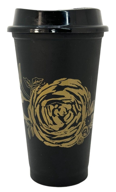 Starbucks Fall 2021 Black Reusable Hot Cup with Gold Rose Floral Grande 16 oz (1)
