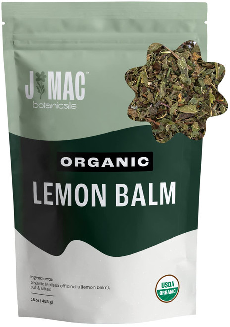 J Mac Botanicals Organic Lemon Balm (16 oz), Loose Leaf Tea, Dried Lemon Balm Tea, Organic herbal herbal Infusion, Lemon balm leaves, melissa officinalis tea, Certified USDA Organic