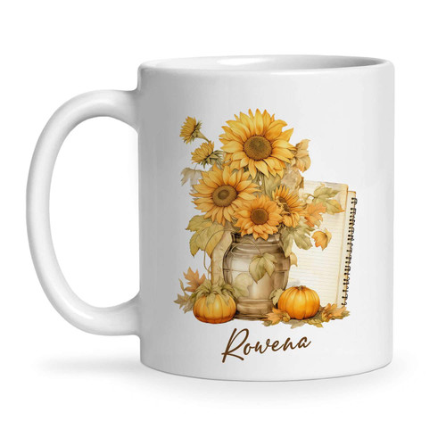 Vase Of Sunflowers Ceramic Mug, Personalized Great Spring Flowers Coffee Cup Choose Name, Customized Floral White Travel Mug Gift For Women, Custom Novelty Sunflowers Tea Mug 11oz 15oz