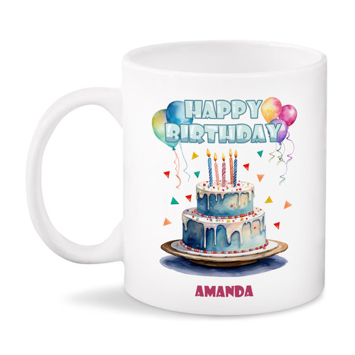 Custom Happy Birthday Coffee Mug, Personalized Birthday Cake And Balloons Tea Cup With Unique Name, Customized Lovely Mug Gift For Loved Ones, White Ceramic Cup, Novelty Birthday Present Ideas