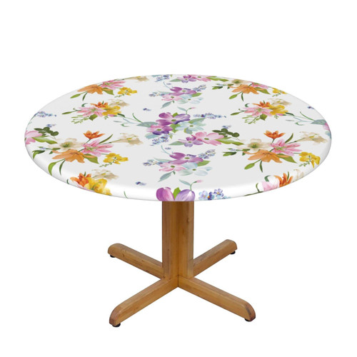 Giinly Flowers Spring Watercolor Round Tablecloth Fitted Table Cover Elastic Edged Table Cloth Fits Tables Up to 45"-50" Diameter