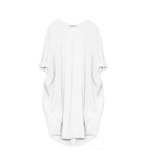 uSecee Womens Oversized Tunic Dress Roll-Up Sleeve Shirts Dress Casual Plus Size Dresses Baggy Tshirt Midi Dress with Pockets White