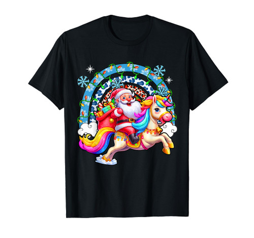 Santa Riding Colourful Unicorn Christmas Rainbow Xmas Lights T-Shirt Santa Riding Colourful Unicorn Christmas Rainbow Xmas Lights T-Shirt