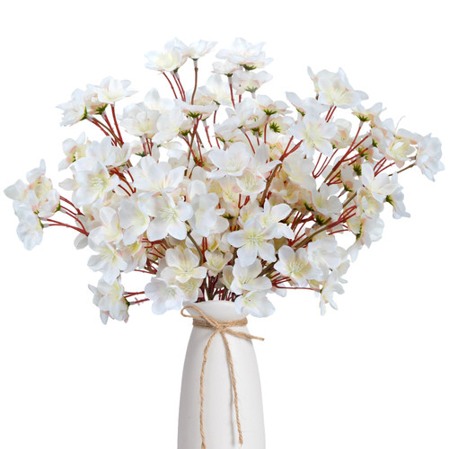 HO2NLE 8PCS Artificial Cherry Blossom Branches Spring Flowers Decor Silk Cherry Blossoms Stem Fake Flowers Arrangement for Home Wedding Table Centenpieces Party White