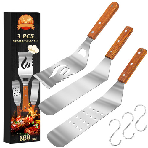 Stainless Steel Metal Spatula Burger Turner Spatula?Solid Cooking Spatula?Perforated Cooking Spatula and Griddle Spatula?Hamburger Turner with Wooden Handle for Barbecue Christmas Gifts
