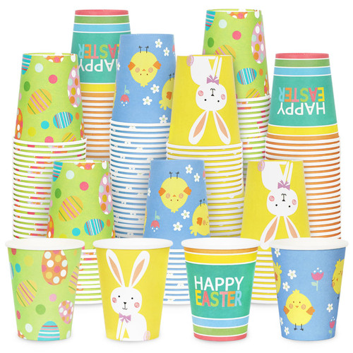 JarThenaAMCS 100Pcs Easter Paper Cups 9oz Easter Egg Bunny Chicken Disposable Cups Happy Easter Drinking Cups Holiday Party Cups for Cold Hot Drinks Party Supplies