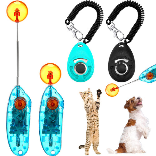4 Pcs Cat Clicker Training Kit Includes 2 Pet Cat Training Target Sticks 2 Cat Training Clickers with Wrist Strap,Retractable Target Stick Clicker, Positive Behavior Reinforcer for Cats Pets Puppy Dog