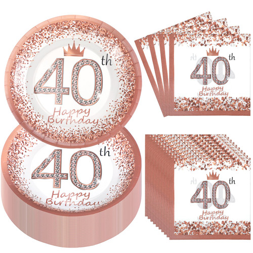 Umigy 100 Pcs 40th Birthday Rose Gold Party Supplies Disposable Paper Plates Tableware Set Decorations Dinner Lunch Dessert Appetizer for Women 40th Fabulous Party Serves 50