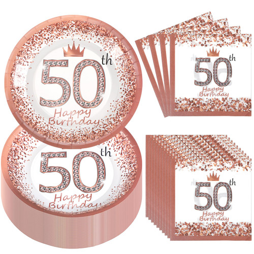 Umigy 100 Pcs 50th Birthday Rose Gold Party Supplies Disposable Paper Plates Tableware Set Decorations Dinner Lunch Dessert Appetizer for Women 50th Fabulous Party Serves 50
