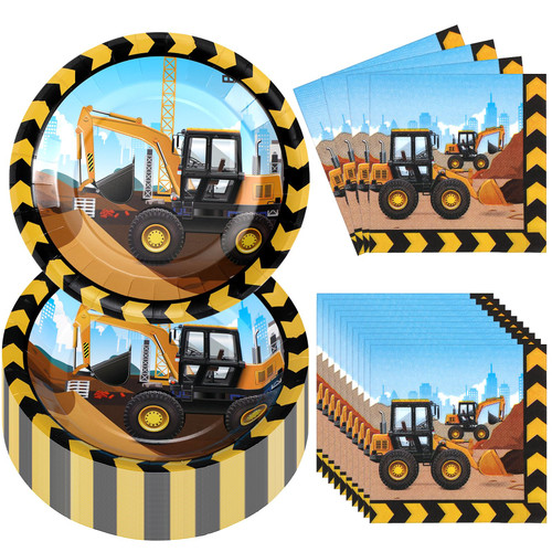 Umigy Construction Birthday Party Supplies Disposable Paper Plates Tableware Set Dinner Lunch Dessert Appetizer for Kids Transportation Dump Truck Excavator Construction Theme Party Serve 50