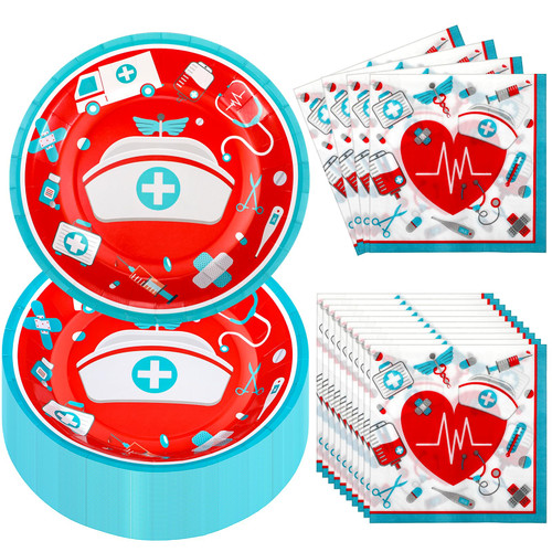 Umigy 100 Pcs Nurse Graduation Party Supplies Disposable Paper Plates Napkins Set Nurse Tableware Dinner Lunch Dessert Appetizer for Doctors Day Medical School Graduation Party Decorations Serve 50