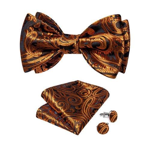 DiBanGu Burnt Orange Bow Ties for Men Silk Paisley Orange Self Bow Tie Handkerchief Pocket Square Cufflinks Set Wedding