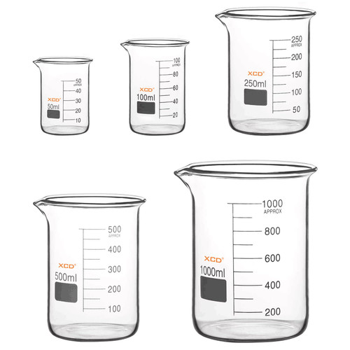 XCD Borosilicate Glass Beaker Set, Combo Pack Graduated Low Form Griffin Beakers in 5 Sizes (50ml, 100ml, 250ml, 500ml, 1000ml)