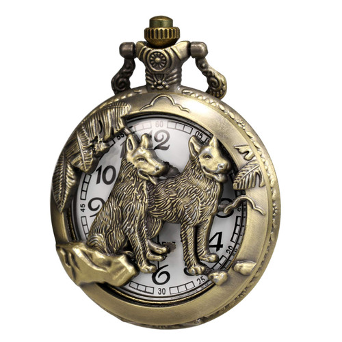 MORFONG Retro Quartz Pocket Watch 3D Wolf Wolves Hollow Bronze Case Men Antique Fob with Chain + Box