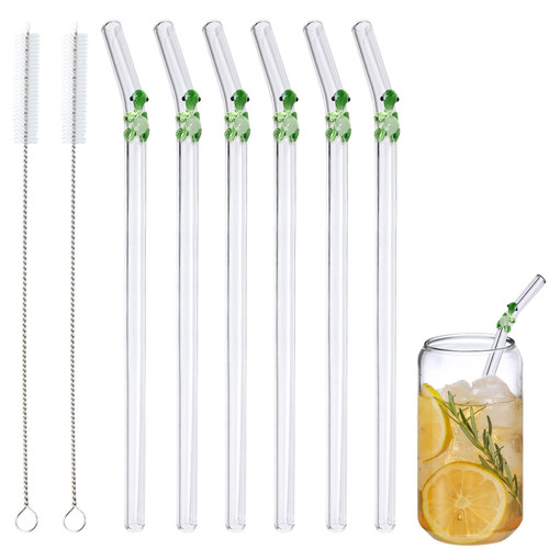 6 Pcs Glass Straws Shatter Resistant,Cute Green Turtle on Clear Straws With Design 7.9in X 8mm Reusable Bent Drinking Straws with 2 Cleaning Brushes for Beverages (Clear Glass,Clear Straws,Green)