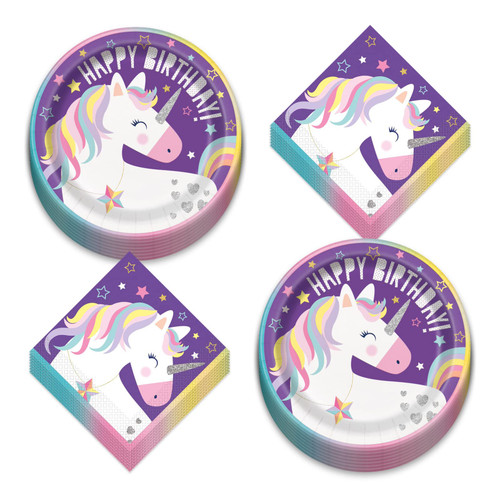 Rainbow Unicorn Party Supplies - Party Time Paper Dinner Plates and Lunch Napkins(Serves 16)